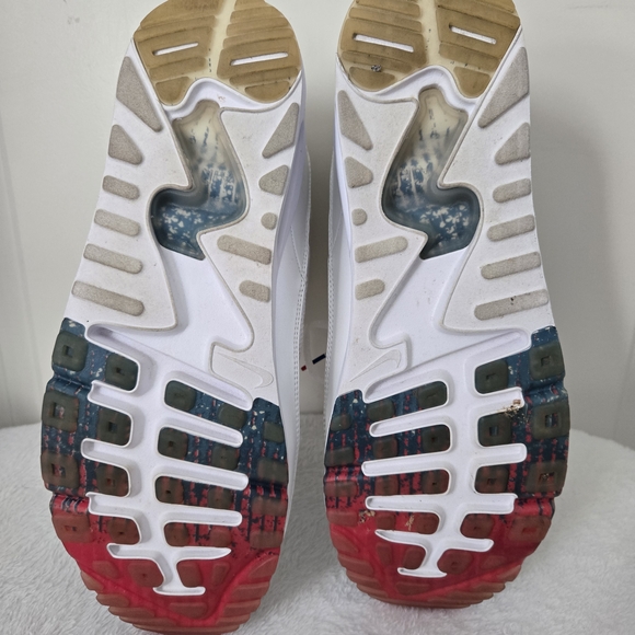 Nike Air Max 90 EZ Men's White/Metallic Silver Sneakers w/ Red & Blue Bottom - Picture 6 of 10